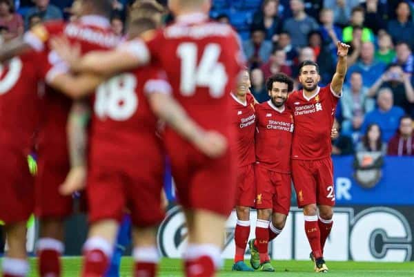 LEICESTER, ENGLAND - Saturday, September 23, 2017: Liverpool's Mohamed Salah celebrates scoring the first goal during the FA Premier League match between Leicester City and Liverpool at the King Power Stadium. (Pic by David Rawcliffe/Propaganda)