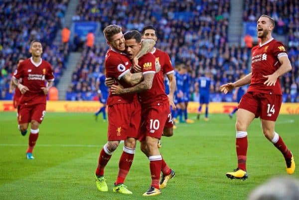 LEICESTER, ENGLAND - Saturday, September 23, 2017: Liverpool's Philippe Coutinho Correia celebrates scoring the second goal with team-mate Alberto Moreno during the FA Premier League match between Leicester City and Liverpool at the King Power Stadium. (Pic by David Rawcliffe/Propaganda)