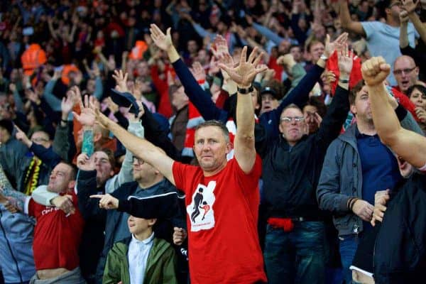 LEICESTER, ENGLAND - Saturday, September 23, 2017: Liverpool supporters celebrate the third goal during the FA Premier League match between Leicester City and Liverpool at the King Power Stadium. (Pic by David Rawcliffe/Propaganda)