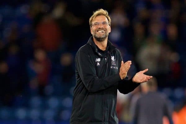 LEICESTER, ENGLAND - Saturday, September 23, 2017: Liverpool's manager J¸rgen Klopp celebrates after the 3-2 victory during the FA Premier League match between Leicester City and Liverpool at the King Power Stadium. (Pic by David Rawcliffe/Propaganda)