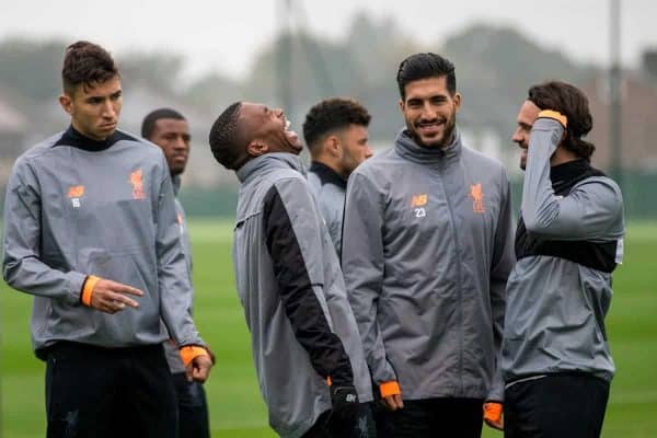 LIVERPOOL, ENGLAND - Monday, September 25, 2017: Liverpool's Daniel Sturridge laughs with Emre Can and Danny Ings during a training session at Melwood Training Ground ahead of the UEFA Champions League Group E match against FC Spartak Moscow. (Pic by Paul Greenwood/Propaganda)