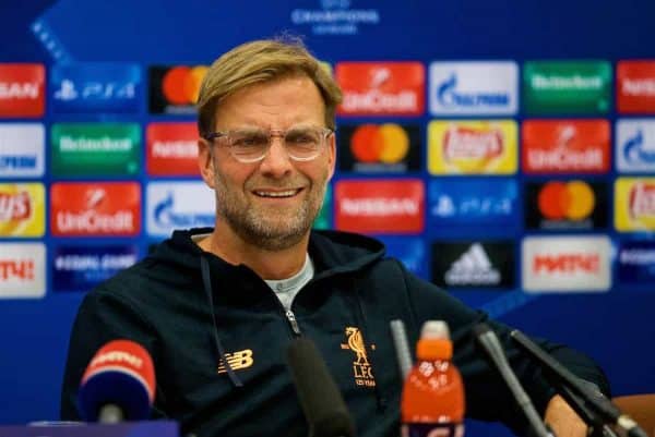 MOSCOW, RUSSIA - Monday, September 25, 2017: Liverpool's manager Jürgen Klopp during a press conference at the Sheraton Aiport Hotel ahead of the UEFA Champions League Group E match against Spartak Moscow FC. (Pic by David Rawcliffe/Propaganda)