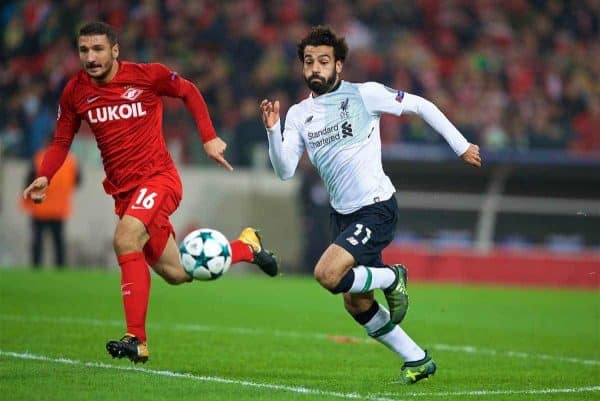 MOSCOW, RUSSIA - Tuesday, September 26, 2017: Liverpool's Mohamed Salah during the UEFA Champions League Group E match between Spartak Moscow and Liverpool at the Otkrytie Arena. (Pic by David Rawcliffe/Propaganda)