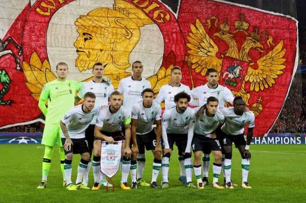 MOSCOW, RUSSIA - Tuesday, September 26, 2017: Liverpool players line-up for a team group photograph before the UEFA Champions League Group E match between Spartak Moscow and Liverpool at the Otkrytie Arena/ Back row L-R: goalkeeper Loris Karius, Dejan Lovren, Joel Matip, Roberto Firmino, Emre Can. Front row L-R: Alberto Moreno, captain Jordan Henderson, Trent Alexander-Arnold, Mohamed Salah, Philippe Coutinho Correia, Sadio Mane. (Pic by David Rawcliffe/Propaganda)