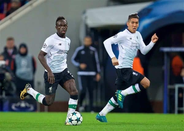 MOSCOW, RUSSIA - Tuesday, September 26, 2017: Liverpool's Sadio Mane and Roberto Firmino during the UEFA Champions League Group E match between Spartak Moscow and Liverpool at the Otkrytie Arena. (Pic by David Rawcliffe/Propaganda)