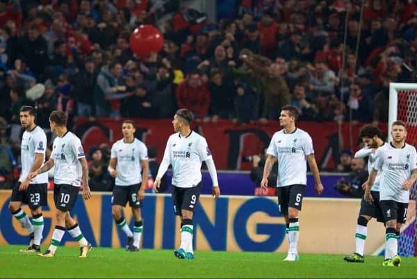 MOSCOW, RUSSIA - Tuesday, September 26, 2017: Liverpool players look dejected as FC Spartak Moscow score the opening goal during the UEFA Champions League Group E match between Spartak Moscow and Liverpool at the Otkrytie Arena. (Pic by David Rawcliffe/Propaganda)