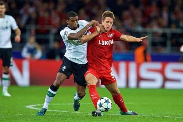 MOSCOW, RUSSIA - Tuesday, September 26, 2017: Liverpool's Georginio Wijnaldum and 's Mario Paöali? during the UEFA Champions League Group E match between Spartak Moscow and Liverpool at the Otkrytie Arena. (Pic by David Rawcliffe/Propaganda)