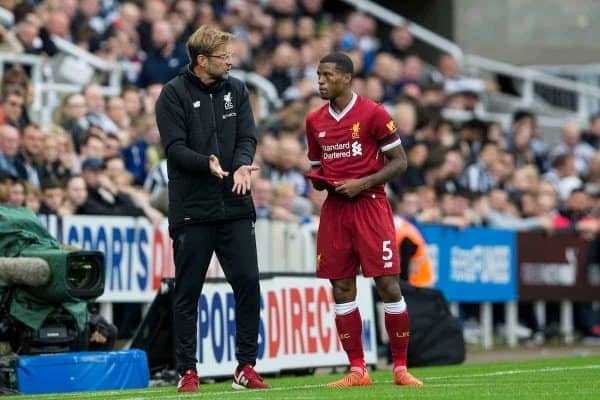 NEWCASTLE-UPON-TYNE, ENGLAND - Sunday, October 1, 2017: Liverpool Manager Jürgen Klopp speaks with Georginio Wijnaldum during the FA Premier League match between Newcastle United and Liverpool at St. James' Park. (Pic by Paul Greenwood/Propaganda)