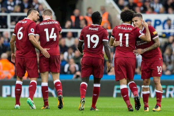 NEWCASTLE-UPON-TYNE, ENGLAND - Sunday, October 1, 2017: Liverpool's Philippe Coutinho Correia is congratulated by Mohamed Salah after scoring his sides first goal during the FA Premier League match between Newcastle United and Liverpool at St. James' Park. (Pic by Paul Greenwood/Propaganda)