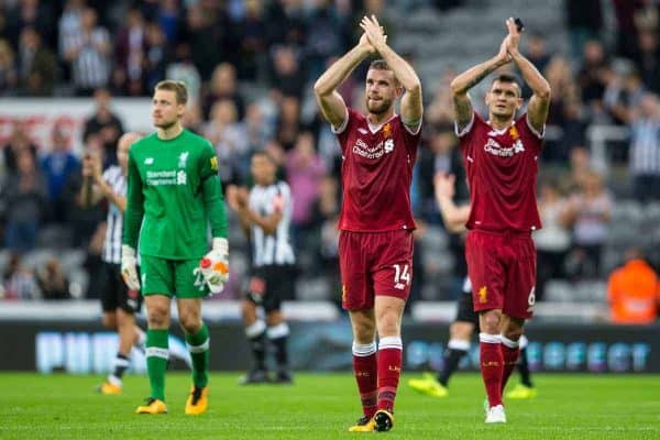 NEWCASTLE-UPON-TYNE, ENGLAND - Sunday, October 1, 2017: Liverpool's captain Jordan Henderson and Dejan Lovren applaud supporters after the FA Premier League match between Newcastle United and Liverpool at St. James' Park. (Pic by Paul Greenwood/Propaganda)