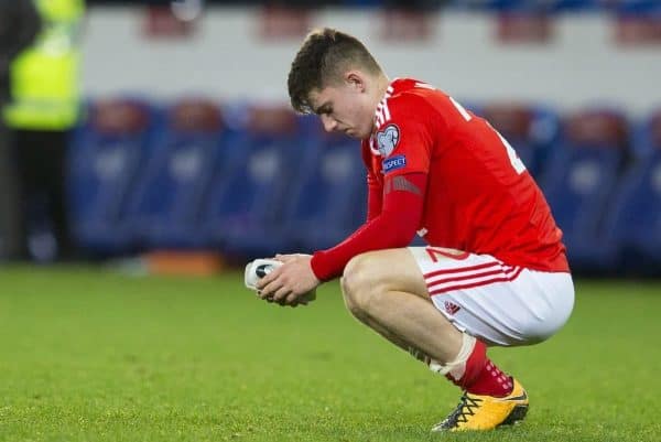 CARDIFF, WALES - Monday, October 9, 2017: Wales' Ben Woodburn looks dejected after the final whistle in the 2018 FIFA World Cup Qualifying Group D match between Wales and Republic of Ireland at the Cardiff City Stadium. (Pic by Paul Greenwood/Propaganda)