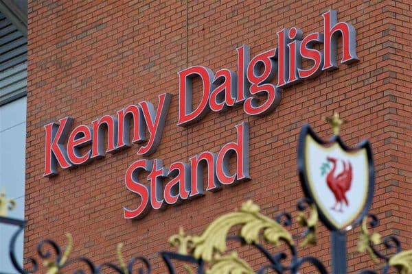 LIVERPOOL, ENGLAND - Friday, October 13, 2017: Images of former Liverpool player and manager and current non-executive director Kenny Dalglish on the side of the Centenary Stand, renamed the Kenny Dalglish Stand. (Pic by David Rawcliffe/Propaganda)