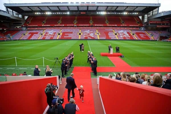 LIVERPOOL, ENGLAND - Friday, October 13, 2017: Kenny Dalglish walks out of the Anfield tunnel with his grandson for at a ceremony to rename Liverpool FC's Centenary Stand the Kenny Dalglish Stand. (Pic by David Rawcliffe/Propaganda)