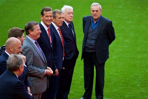 LIVERPOOL, ENGLAND - Friday, October 13, 2017: Former Liverpool players at a ceremony to rename Liverpool FC's Centenary Stand the Kenny Dalglish Stand. Ronnie Whelan, Gary Gillespie, Alan Kennedy, Ian Callaghan, Ian St John. (Pic by David Rawcliffe/Propaganda)