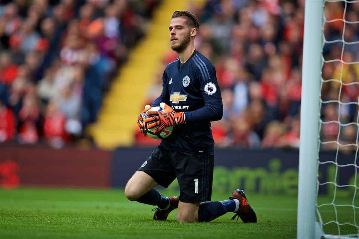 LIVERPOOL, ENGLAND - Saturday, October 14, 2017: Manchester United's goalkeeper David de Gea during the FA Premier League match between Liverpool and Manchester United at Anfield. (Pic by David Rawcliffe/Propaganda)