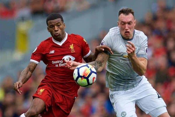 LIVERPOOL, ENGLAND - Saturday, October 14, 2017: Liverpool's Georginio Wijnaldum and Manchester United's Phil Jones during the FA Premier League match between Liverpool and Manchester United at Anfield. (Pic by David Rawcliffe/Propaganda)