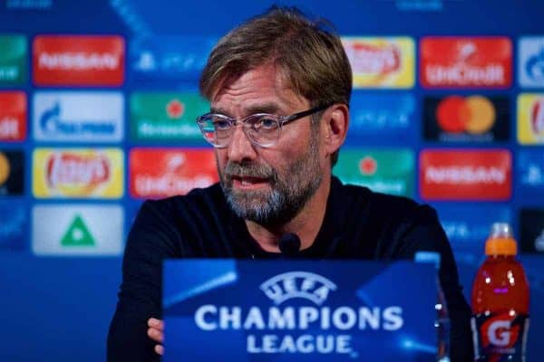 MARIBOR, SLOVENIA - Monday, October 16, 2017: Liverpool's manager Jürgen Klopp during a press conference ahead of the UEFA Champions League Group E match between NK Maribor and Liverpool at the Stadion Ljudski vrt. (Pic by David Rawcliffe/Propaganda)