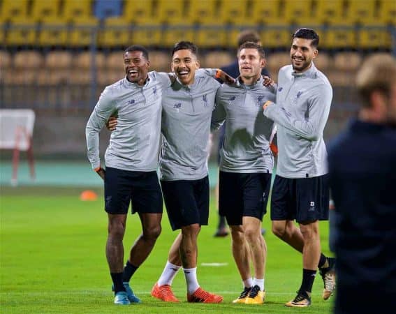 MARIBOR, SLOVENIA - Monday, October 16, 2017: Liverpool's Georginio Wijnaldum, Roberto Firmino, James Milner and Emre Can during a training session ahead of the UEFA Champions League Group E match between NK Maribor and Liverpool at the Stadion Ljudski vrt. (Pic by David Rawcliffe/Propaganda)