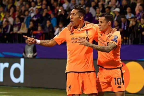 MARIBOR, SLOVENIA - Tuesday, October 17, 2017: Liverpool's Roberto Firmino celebrates scoring the first goal with team-mate Philippe Coutinho Correia during the UEFA Champions League Group E match between NK Maribor and Liverpool at the Stadion Ljudski vrt. (Pic by David Rawcliffe/Propaganda)