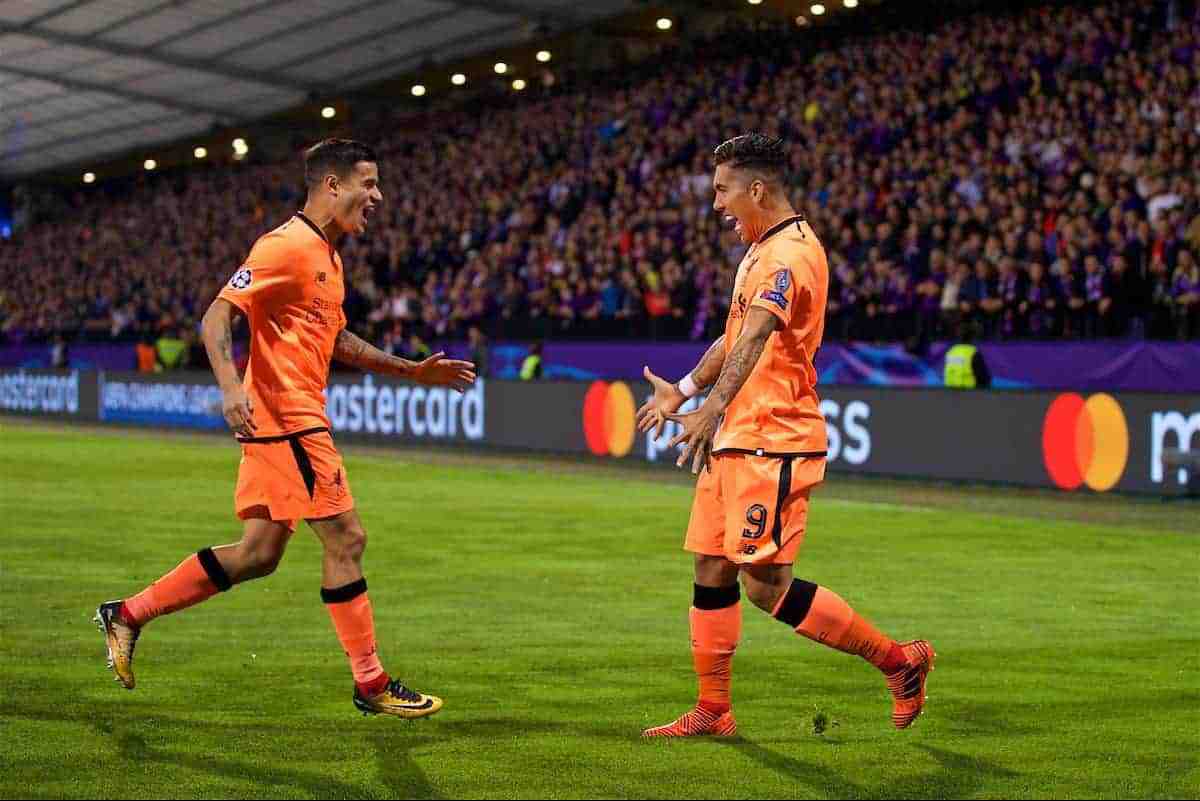 MARIBOR, SLOVENIA - Tuesday, October 17, 2017: Liverpool's Roberto Firmino celebrates scoring the first goal during the UEFA Champions League Group E match between NK Maribor and Liverpool at the Stadion Ljudski vrt. (Pic by David Rawcliffe/Propaganda)