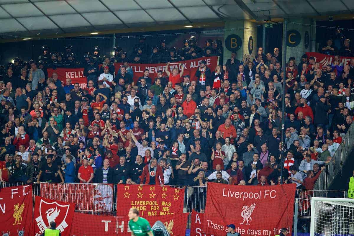MARIBOR, SLOVENIA - Tuesday, October 17, 2017: Liverpool supporters celebrate the second goal during the UEFA Champions League Group E match between NK Maribor and Liverpool at the Stadion Ljudski vrt. (Pic by David Rawcliffe/Propaganda)