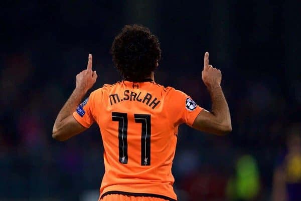 MARIBOR, SLOVENIA - Tuesday, October 17, 2017: Liverpool's Mohamed Salah celebrates scoring the fourth goal during the UEFA Champions League Group E match between NK Maribor and Liverpool at the Stadion Ljudski vrt. (Pic by David Rawcliffe/Propaganda)