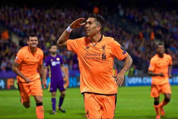MARIBOR, SLOVENIA - Tuesday, October 17, 2017: Liverpool's Roberto Firmino celebrates scoring the fifth goal during the UEFA Champions League Group E match between NK Maribor and Liverpool at the Stadion Ljudski vrt. (Pic by David Rawcliffe/Propaganda)