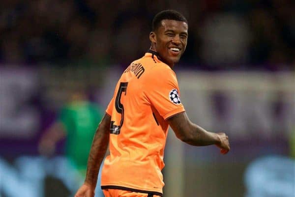 MARIBOR, SLOVENIA - Tuesday, October 17, 2017: Liverpool's Georginio Wijnaldum during the UEFA Champions League Group E match between NK Maribor and Liverpool at the Stadion Ljudski vrt. (Pic by David Rawcliffe/Propaganda)