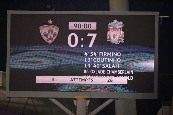 MARIBOR, SLOVENIA - Tuesday, October 17, 2017: The scoreboard records Liverpool's 7-0 victory during the UEFA Champions League Group E match between NK Maribor and Liverpool at the Stadion Ljudski vrt. (Pic by David Rawcliffe/Propaganda)