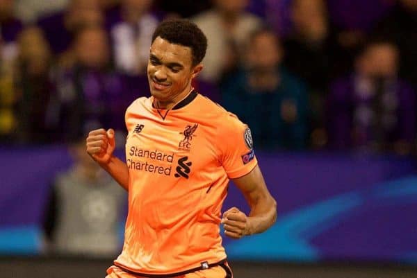 MARIBOR, SLOVENIA - Tuesday, October 17, 2017: Liverpool's Trent Alexander-Arnold celebrates scoring the seventh goal during the UEFA Champions League Group E match between NK Maribor and Liverpool at the Stadion Ljudski vrt. (Pic by David Rawcliffe/Propaganda)