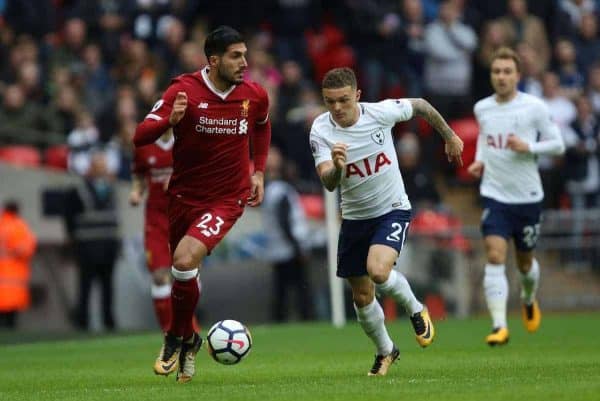 LONDON, ENGLAND - Sunday, October 22, 2017: Emre Can (L) Kieran Trippier (TH) during the FA Premier League match between Tottenham Hotspur and Liverpool at Wembley Stadium. (Pic by Paul Marriott/Propaganda)