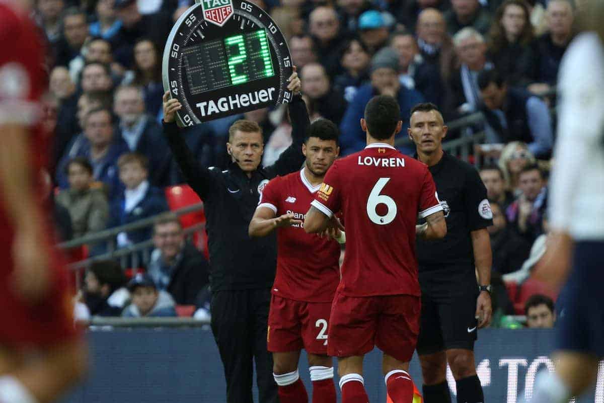 LONDON, ENGLAND - Sunday, October 22, 2017: Alex Oxlade-Chamberlain (L) replaces Dejan Lovren (L) during the FA Premier League match between Tottenham Hotspur and Liverpool at Wembley Stadium. (Pic by Paul Marriott/Propaganda)