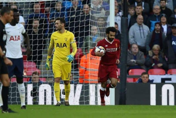 LONDON, ENGLAND - Sunday, October 22, 2017: Mohamed Salah (L) runs past Hugo Lloris (TH) after scoring the first Liverpool goal during the FA Premier League match between Tottenham Hotspur and Liverpool at Wembley Stadium. (Pic by Paul Marriott/Propaganda)