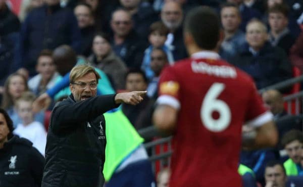 LONDON, ENGLAND - Sunday, October 22, 2017: Jurgen Klopp (Liverpool manager) Dejan Lovren (L) during the FA Premier League match between Tottenham Hotspur and Liverpool at Wembley Stadium. (Pic by Paul Marriott/Propaganda)