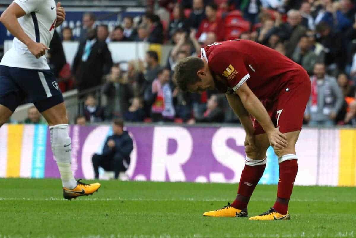 LONDON, ENGLAND - Sunday, October 22, 2017: James Milner (L) dejection during the FA Premier League match between Tottenham Hotspur and Liverpool at Wembley Stadium. (Pic by Paul Marriott/Propaganda)