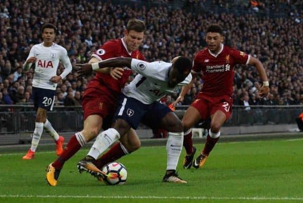 LONDON, ENGLAND - Sunday, October 22, 2017: James Milner (L) Serge Aurier (TH) Alex Oxlade-Chamberlain (L) during the FA Premier League match between Tottenham Hotspur and Liverpool at Wembley Stadium. (Pic by Paul Marriott/Propaganda)