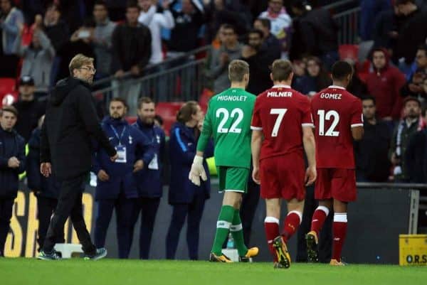 LONDON, ENGLAND - Sunday, October 22, 2017: Jurgen Klopp (Liverpool manager), Simon Mignolet (L), James Milner (L), Joe Gomez (L) walk off at the end of the FA Premier League match between Tottenham Hotspur and Liverpool at Wembley Stadium. (Pic by Paul Marriott/Propaganda)