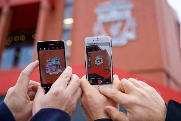 LIVERPOOL, ENGLAND - Saturday, October 28, 2017: Supporter take photographs of a Liverpool crest on the side of the Main Stand during the FA Premier League match between Liverpool and Huddersfield Town at Anfield. (Pic by David Rawcliffe/Propaganda)