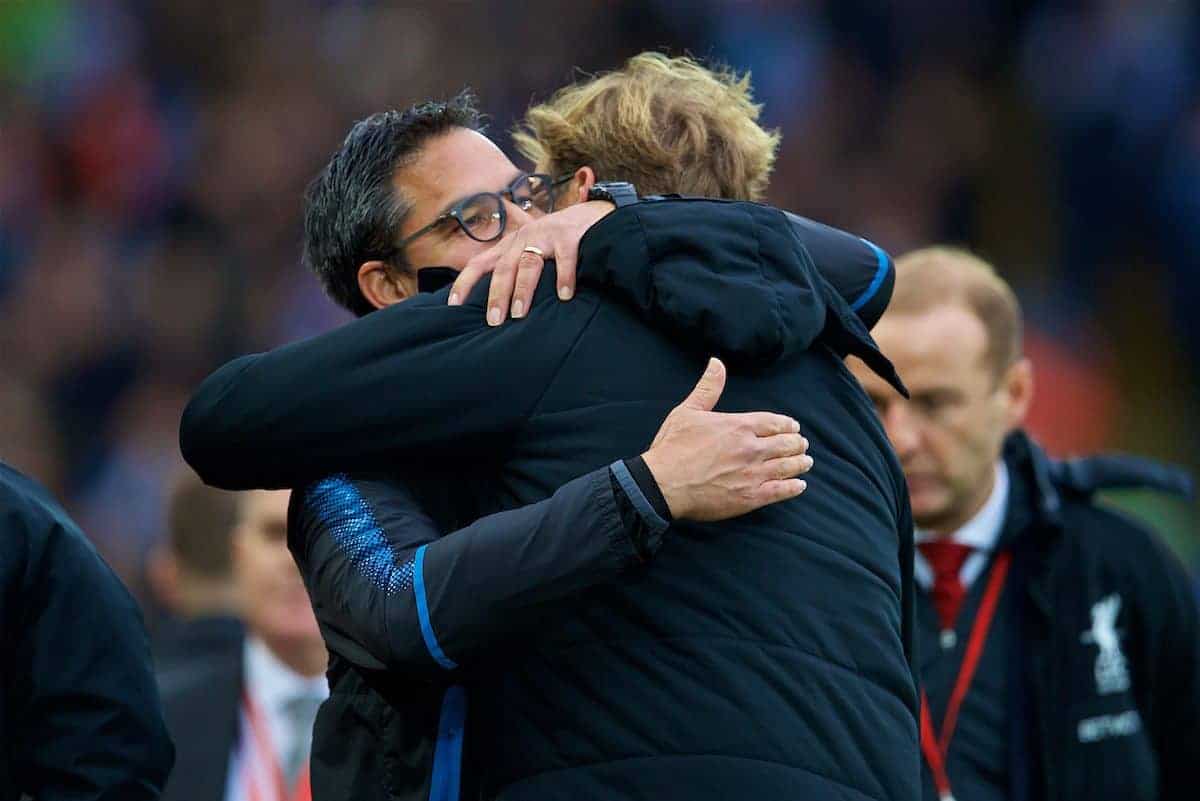 LIVERPOOL, ENGLAND - Saturday, October 28, 2017: Liverpool's manager Jürgen Klopp embraces Huddersfield Town's manager David Wagner before the FA Premier League match between Liverpool and Huddersfield Town at Anfield. (Pic by David Rawcliffe/Propaganda)