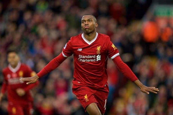 LIVERPOOL, ENGLAND - Saturday, October 28, 2017: Liverpool's Daniel Sturridge celebrates scoring the first goal during the FA Premier League match between Liverpool and Huddersfield Town at Anfield. (Pic by David Rawcliffe/Propaganda)