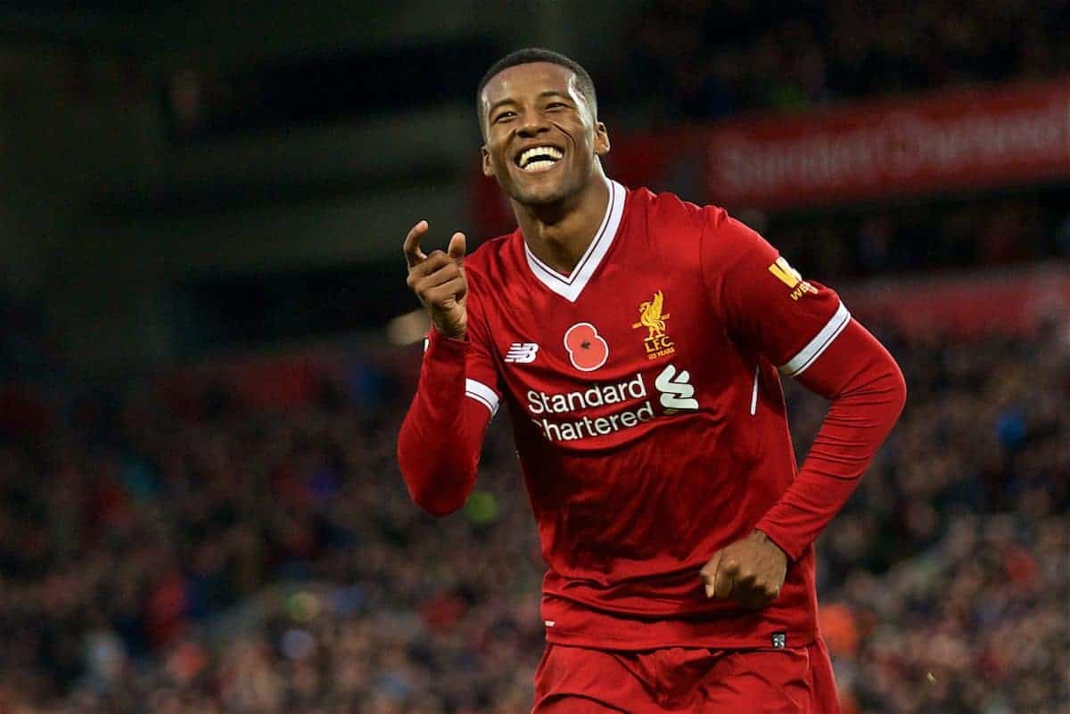 LIVERPOOL, ENGLAND - Saturday, October 28, 2017: Liverpool's Georginio Wijnaldum celebrates scoring the third goal during the FA Premier League match between Liverpool and Huddersfield Town at Anfield. (Pic by David Rawcliffe/Propaganda)