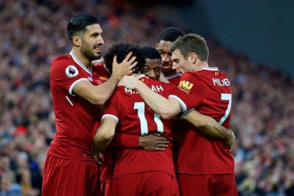 LIVERPOOL, ENGLAND - Saturday, October 28, 2017: Liverpool's Georginio Wijnaldum celebrates scoring the third goal with team-mates during the FA Premier League match between Liverpool and Huddersfield Town at Anfield. (Pic by David Rawcliffe/Propaganda)