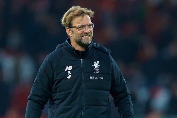 LIVERPOOL, ENGLAND - Saturday, October 28, 2017: Liverpool's manager J¸rgen Klopp celebrates after the 3-0 victory over Huddersfield Town during the FA Premier League match between Liverpool and Huddersfield Town at Anfield. (Pic by David Rawcliffe/Propaganda)