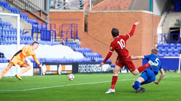 BIRKENHEAD, ENGLAND - Sunday, October 29, 2017: Liverpool's Harry Wilson scores the first goal during the Under-23 FA Premier League 2 Division 1 match between Liverpool and Leicester City at Prenton Park. (Pic by David Rawcliffe/Propaganda)