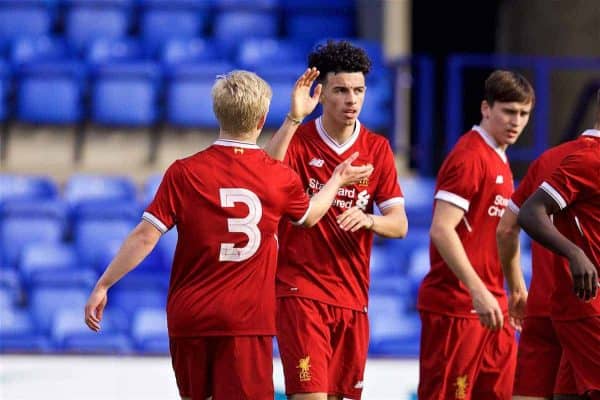 BIRKENHEAD, ENGLAND - Wednesday, November 1, 2017: Liverpool's Curtis Jones celebrates scoring the first goal during the UEFA Youth League Group E match between Liverpool and NK Maribor at Prenton Park. (Pic by David Rawcliffe/Propaganda)