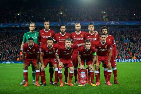 LIVERPOOL, ENGLAND - Wednesday, November 1, 2017: Liverpool players line-up for a team group photograph before the UEFA Champions League Group E match between Liverpool FC and NK Maribor at Anfield. Back row L-R: goalkeeper Loris Karius, Joel Matip, Emre Can, Ragnar Klavan, Roberto Firmino, Mohamed Salah. Front row L-R: Georginio Wijnaldum, Alex Oxlade-Chamberlain, Alberto Moreno, James Milner, Trent Alexander-Arnold. (Pic by David Rawcliffe/Propaganda)