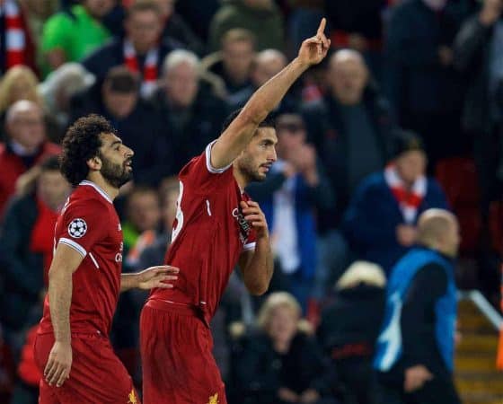 LIVERPOOL, ENGLAND - Wednesday, November 1, 2017: Liverpool's Emre Can celebrates scoring the second goal during the UEFA Champions League Group E match between Liverpool FC and NK Maribor at Anfield. (Pic by David Rawcliffe/Propaganda)