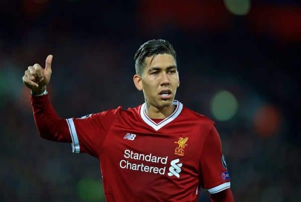 LIVERPOOL, ENGLAND - Wednesday, November 1, 2017: Liverpool's Roberto Firmino during the UEFA Champions League Group E match between Liverpool FC and NK Maribor at Anfield. (Pic by David Rawcliffe/Propaganda)