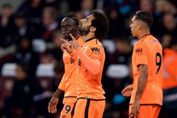 LONDON, ENGLAND - Saturday, November 4, 2017: Liverpool's Mohamed Salah celebrates scoring the first goal during the FA Premier League match between West Ham United FC and Liverpool FC at the London Stadium. (Pic by David Rawcliffe/Propaganda)