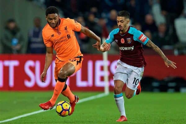 LONDON, ENGLAND - Saturday, November 4, 2017: Liverpool's Joe Gomez and West Ham United's Manuel Lanzini during the FA Premier League match between West Ham United FC and Liverpool FC at the London Stadium. (Pic by David Rawcliffe/Propaganda)